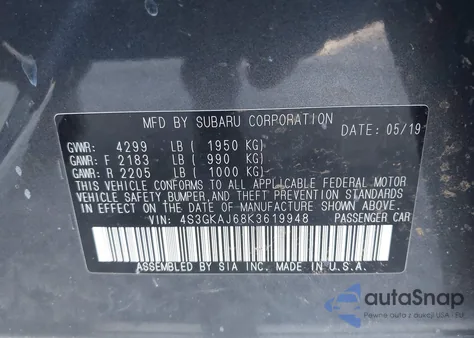 2019 Subaru Impreza 2.0I Sport из США, поврежденный, VIN 4S3GKAJ68K3619948